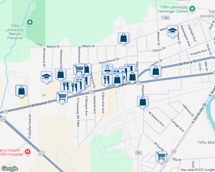 map of restaurants, bars, coffee shops, grocery stores, and more near 646 West Market Street in Tiffin
