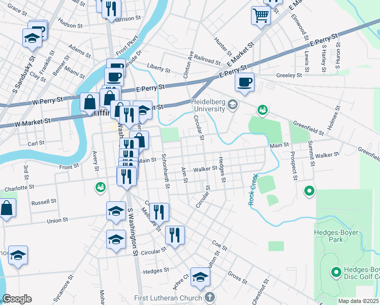 map of restaurants, bars, coffee shops, grocery stores, and more near 105 Main Street in Tiffin
