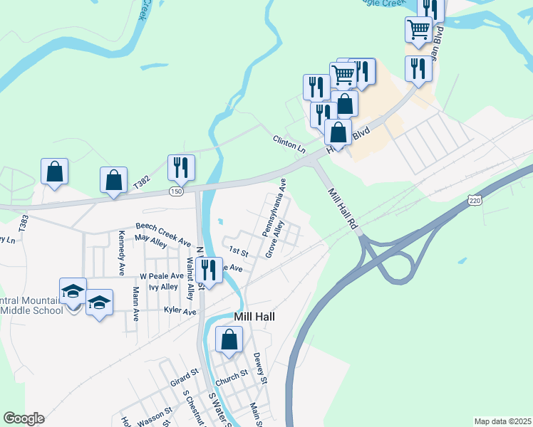 map of restaurants, bars, coffee shops, grocery stores, and more near 217 Pennsylvania Avenue in Mill Hall