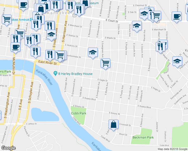 map of restaurants, bars, coffee shops, grocery stores, and more near 666 South Wildwood Avenue in Kankakee