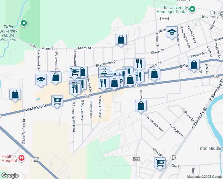 map of restaurants, bars, coffee shops, grocery stores, and more near 646 West Market Street in Tiffin