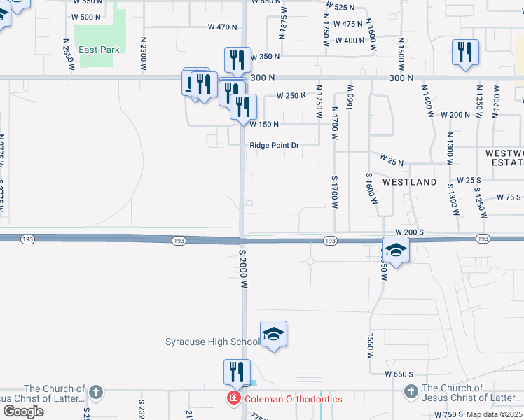 map of restaurants, bars, coffee shops, grocery stores, and more near 1950 West 75 South in West Point