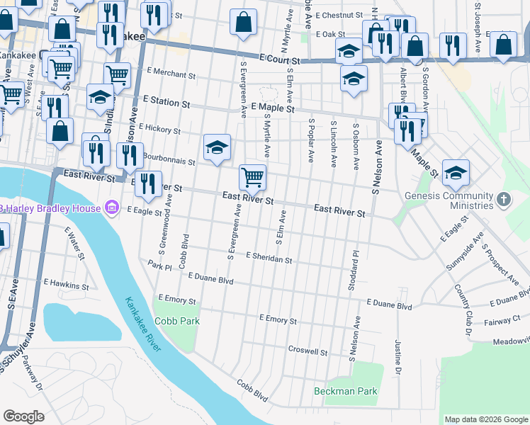 map of restaurants, bars, coffee shops, grocery stores, and more near 632 South Myrtle Avenue in Kankakee