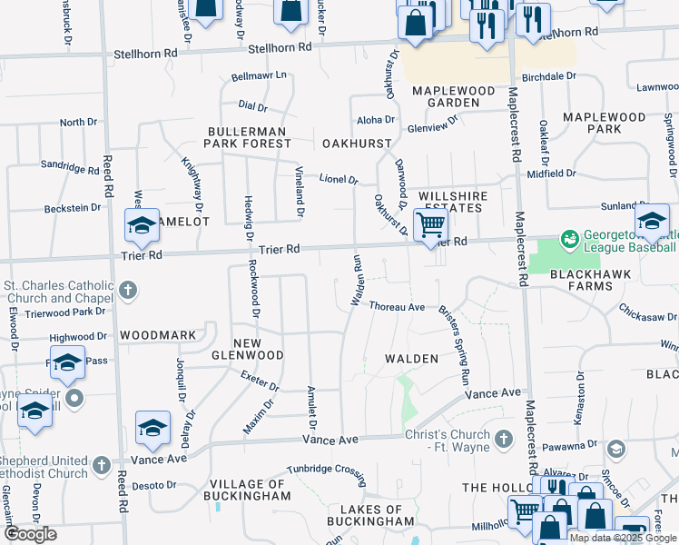 map of restaurants, bars, coffee shops, grocery stores, and more near 5603 Martys Hill Pl in Fort Wayne