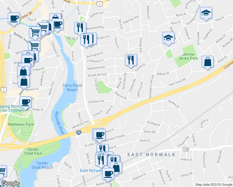 map of restaurants, bars, coffee shops, grocery stores, and more near 55 Beacon Street in Norwalk