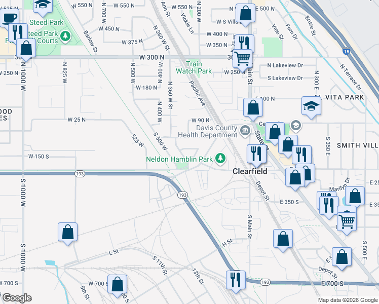map of restaurants, bars, coffee shops, grocery stores, and more near 106 South 300 West in Clearfield