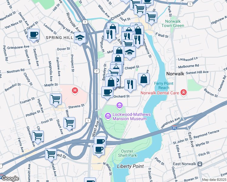 map of restaurants, bars, coffee shops, grocery stores, and more near 515 West Avenue in Norwalk