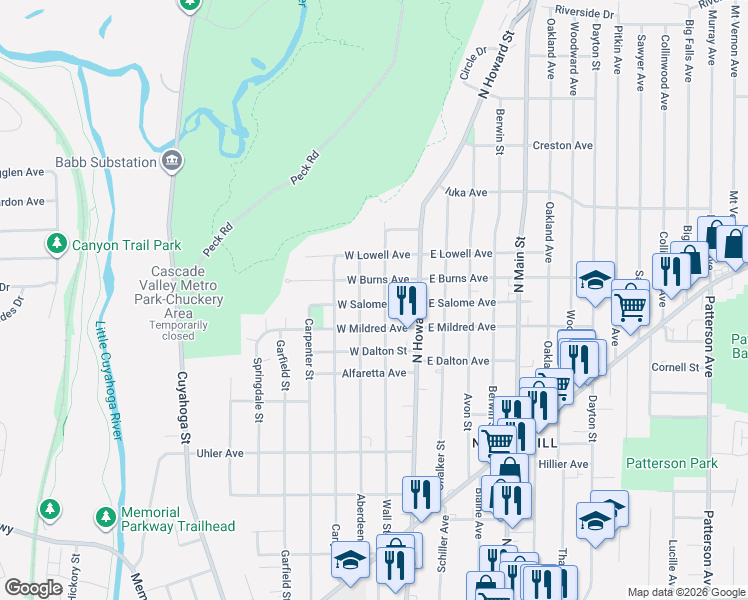 map of restaurants, bars, coffee shops, grocery stores, and more near 33 West Salome Avenue in Akron