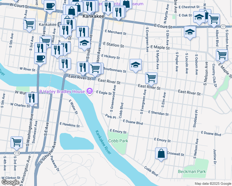map of restaurants, bars, coffee shops, grocery stores, and more near 680 South Greenwood Avenue in Kankakee