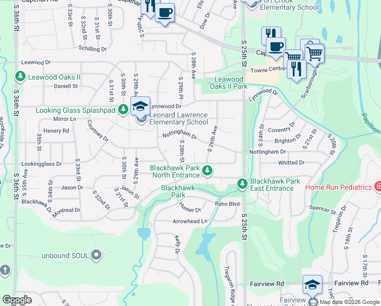 map of restaurants, bars, coffee shops, grocery stores, and more near 13402 South 27th Circle in Bellevue
