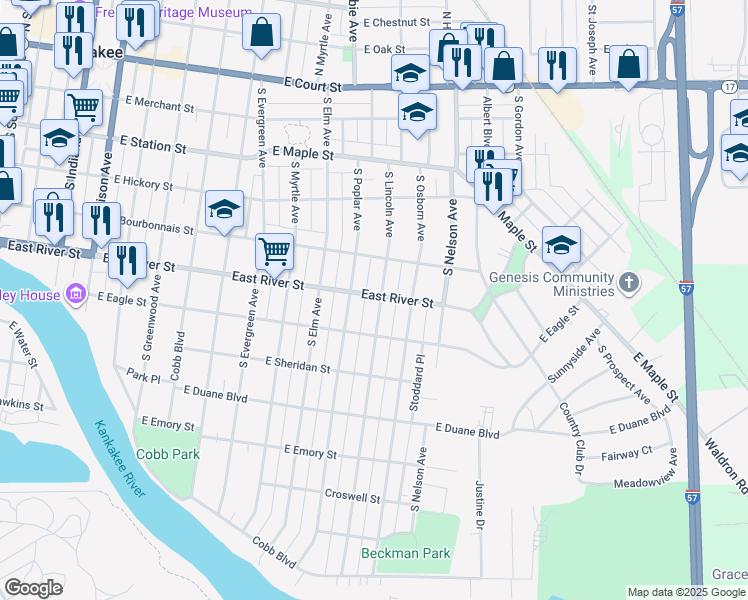 map of restaurants, bars, coffee shops, grocery stores, and more near 605-607 South Lincoln Avenue in Kankakee