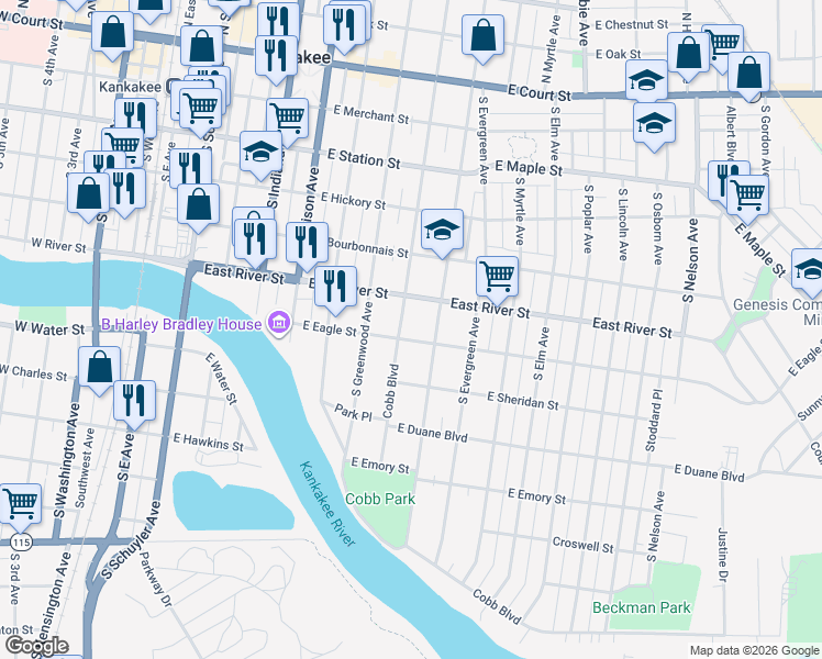 map of restaurants, bars, coffee shops, grocery stores, and more near 680 South Rosewood Avenue in Kankakee
