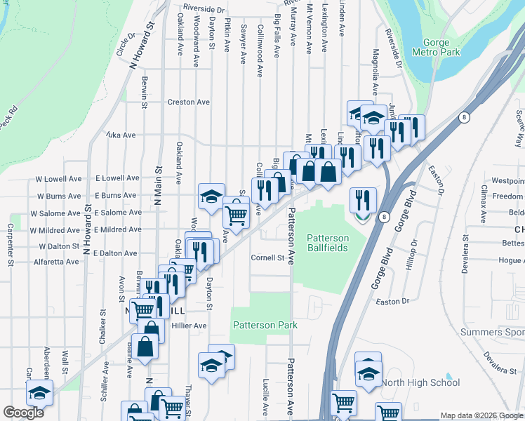 map of restaurants, bars, coffee shops, grocery stores, and more near 975 Collinwood Avenue in Akron