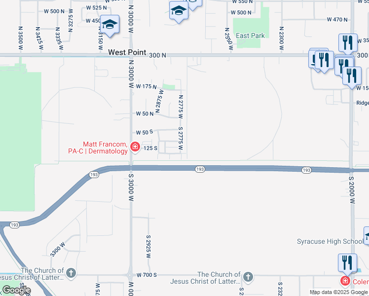 map of restaurants, bars, coffee shops, grocery stores, and more near 127 South 2775 West in West Point