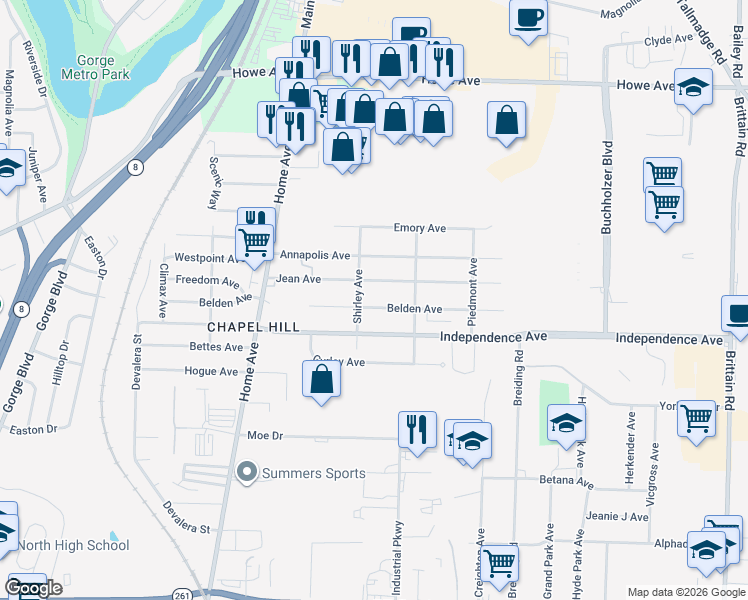 map of restaurants, bars, coffee shops, grocery stores, and more near 929 Belden Ave in Akron
