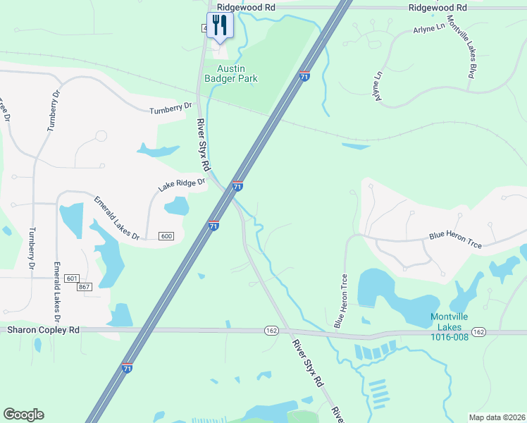 map of restaurants, bars, coffee shops, grocery stores, and more near 5959 River Styx Road in Medina