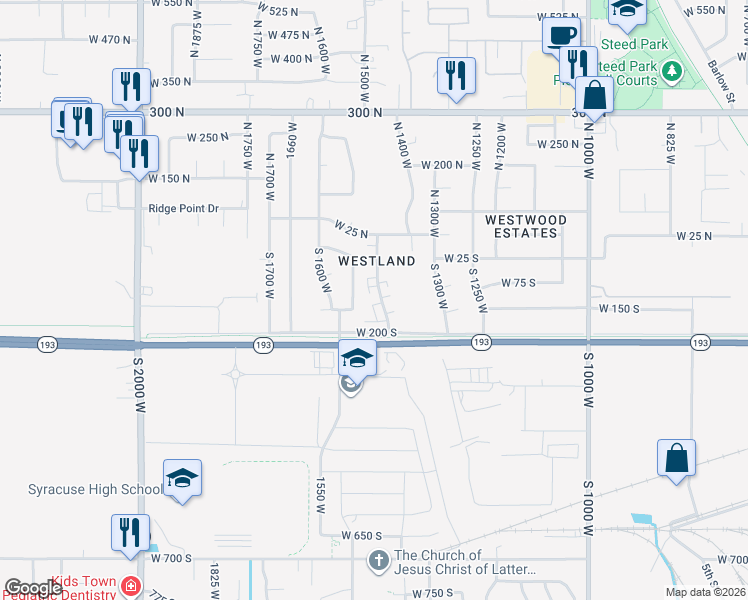 map of restaurants, bars, coffee shops, grocery stores, and more near 125 South 1450 West in Clearfield