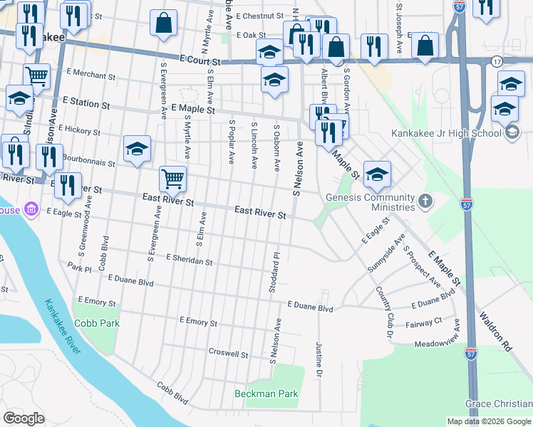 map of restaurants, bars, coffee shops, grocery stores, and more near 1491 East River Street in Kankakee