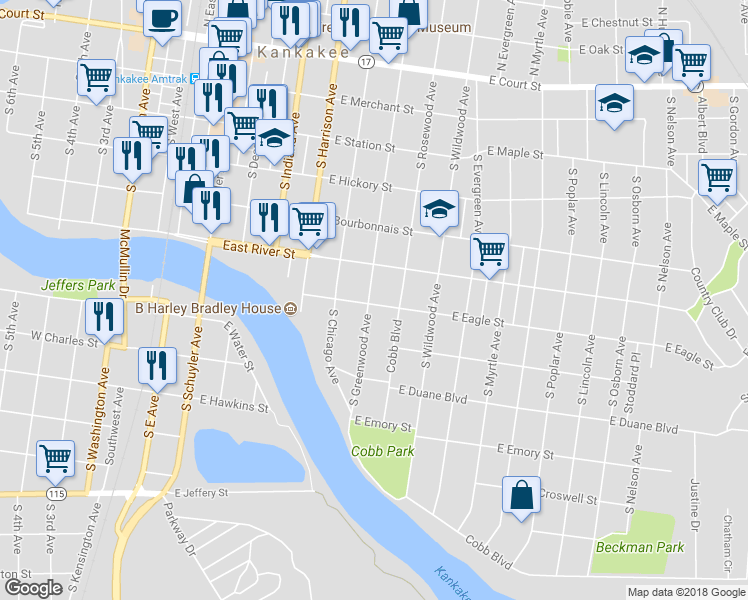 map of restaurants, bars, coffee shops, grocery stores, and more near 680 South Greenwood Avenue in Kankakee