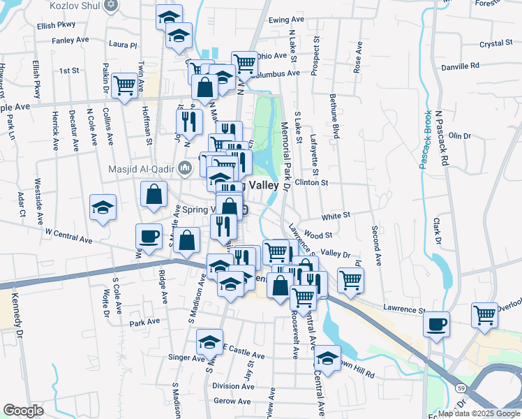 map of restaurants, bars, coffee shops, grocery stores, and more near 24-26 Lawrence Street in Spring Valley