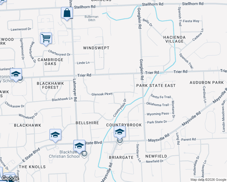 map of restaurants, bars, coffee shops, grocery stores, and more near 7803 Glenoak Parkway in Fort Wayne