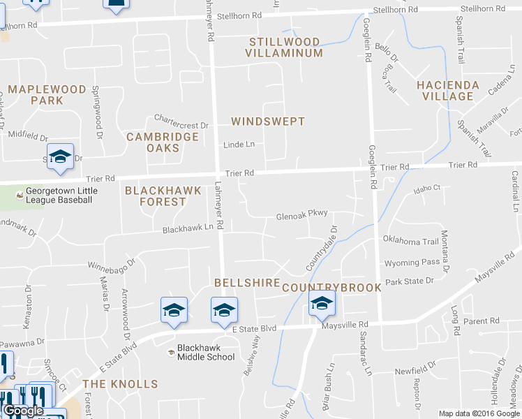 map of restaurants, bars, coffee shops, grocery stores, and more near 7531 Glenoak Parkway in Fort Wayne