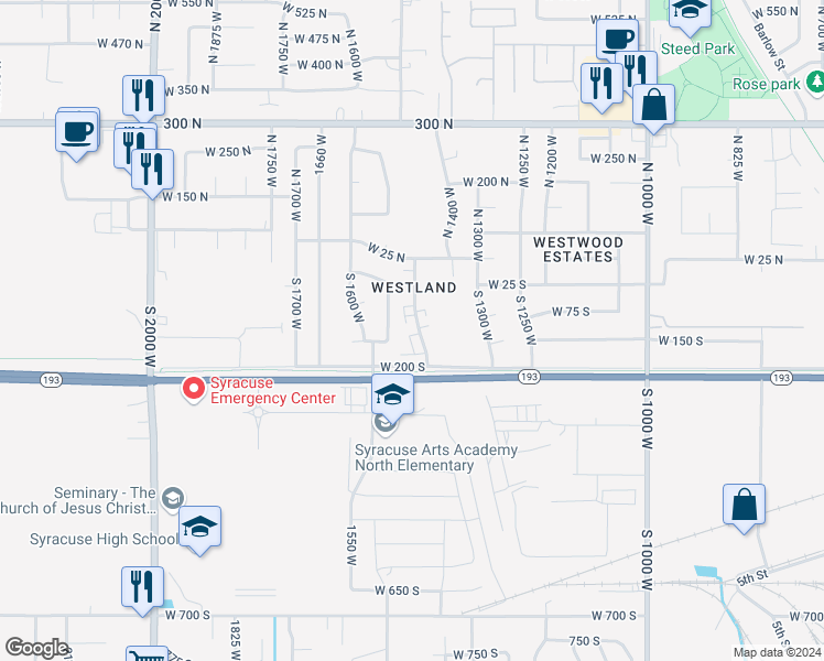 map of restaurants, bars, coffee shops, grocery stores, and more near 125 South 1450 West in Clearfield