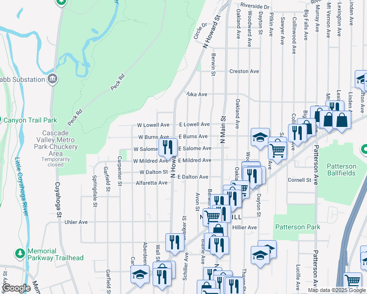 map of restaurants, bars, coffee shops, grocery stores, and more near 979 North Howard Street in Akron