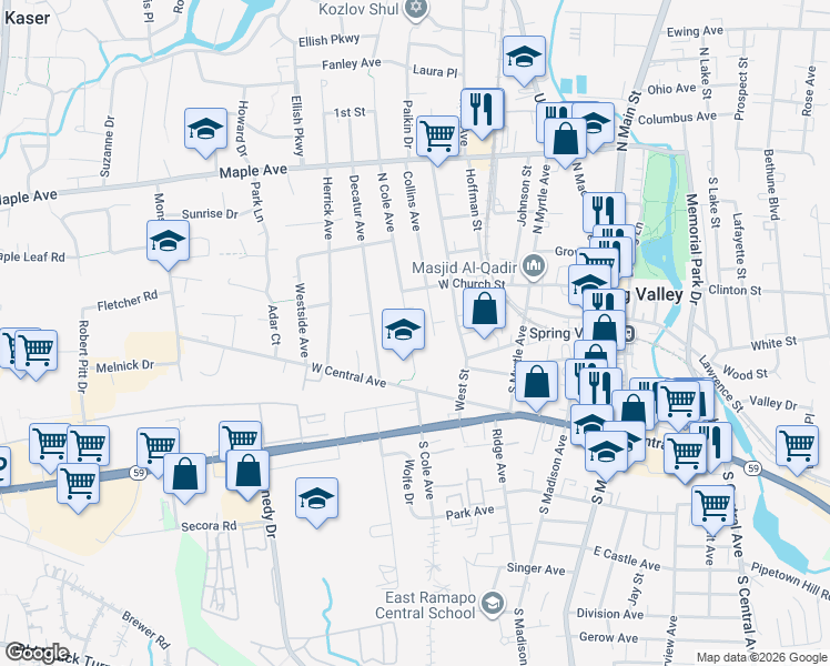 map of restaurants, bars, coffee shops, grocery stores, and more near 14 North Cole Avenue in Spring Valley