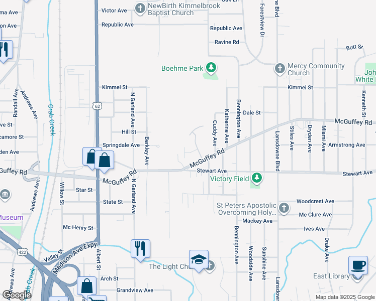 map of restaurants, bars, coffee shops, grocery stores, and more near 1446 McGuffey Road in Youngstown