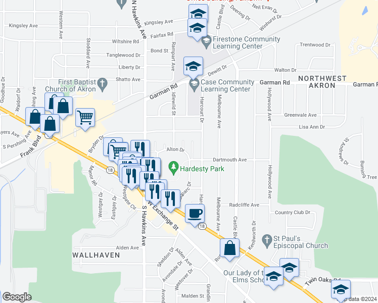 map of restaurants, bars, coffee shops, grocery stores, and more near 150 Wichita Place in Akron