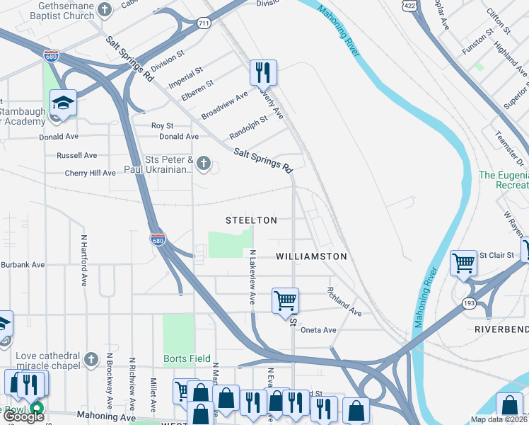 map of restaurants, bars, coffee shops, grocery stores, and more near 1648 Hartzell Ave in Youngstown