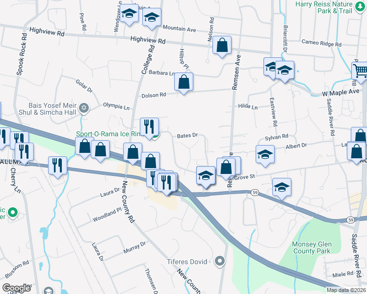 map of restaurants, bars, coffee shops, grocery stores, and more near 37 Witzel Court in Monsey