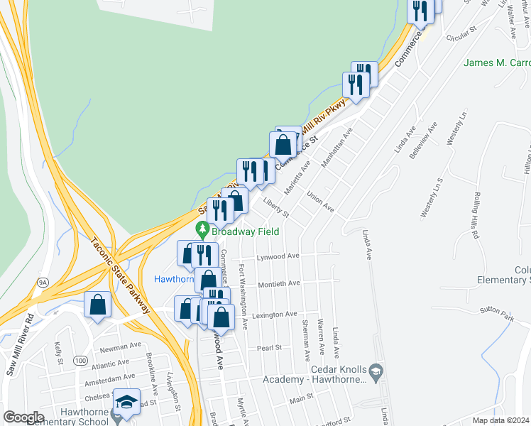 map of restaurants, bars, coffee shops, grocery stores, and more near 431 Marietta Avenue in Hawthorne
