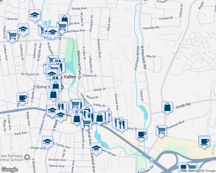 map of restaurants, bars, coffee shops, grocery stores, and more near 11 White Street in Spring Valley