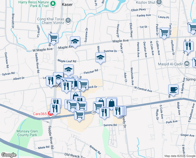 map of restaurants, bars, coffee shops, grocery stores, and more near 42 Monsey Boulevard in Monsey
