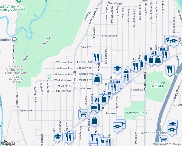 map of restaurants, bars, coffee shops, grocery stores, and more near 994 Berwin St in Akron