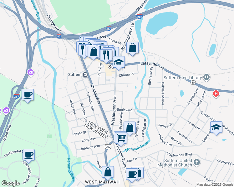 map of restaurants, bars, coffee shops, grocery stores, and more near 80 Washington Avenue in Suffern