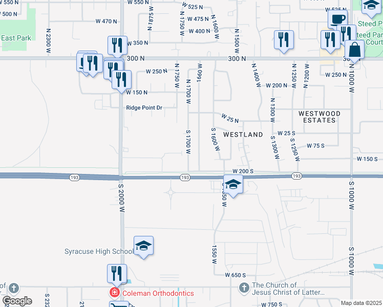 map of restaurants, bars, coffee shops, grocery stores, and more near 157 South 1700 West in West Point