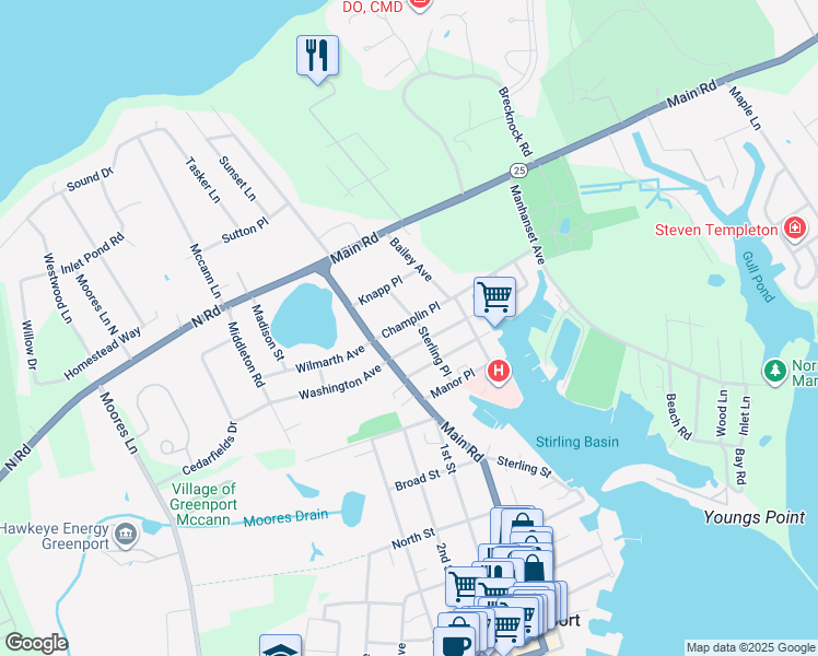 map of restaurants, bars, coffee shops, grocery stores, and more near 360 Champlin Place in Greenport