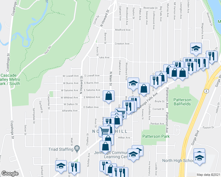 map of restaurants, bars, coffee shops, grocery stores, and more near 978 North Main Street in Akron