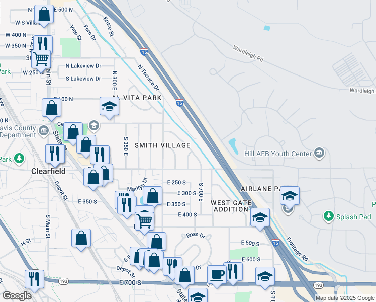 map of restaurants, bars, coffee shops, grocery stores, and more near 592 South Maple Street in Clearfield