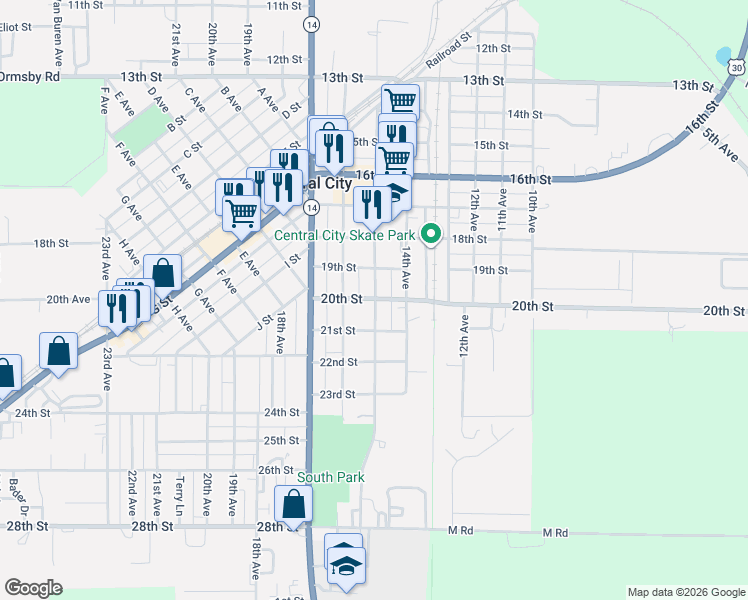 map of restaurants, bars, coffee shops, grocery stores, and more near 1500 20th Street in Central City