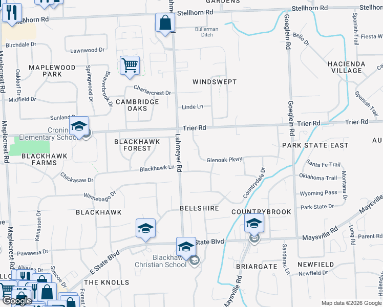 map of restaurants, bars, coffee shops, grocery stores, and more near 7424 Valley Court in Fort Wayne