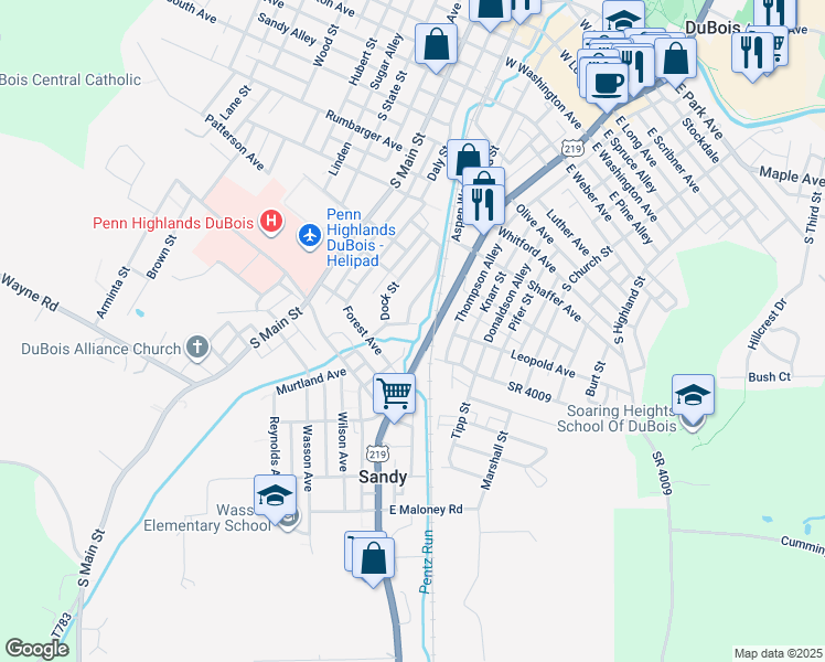map of restaurants, bars, coffee shops, grocery stores, and more near 109 Penn Avenue in DuBois