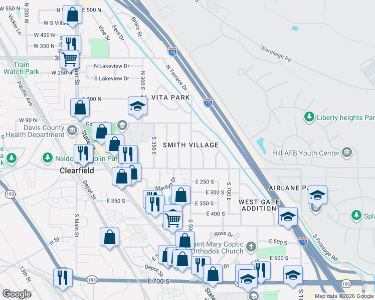 map of restaurants, bars, coffee shops, grocery stores, and more near 133 South 450 East in Clearfield