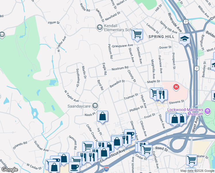 map of restaurants, bars, coffee shops, grocery stores, and more near 60 Benedict Street in Norwalk