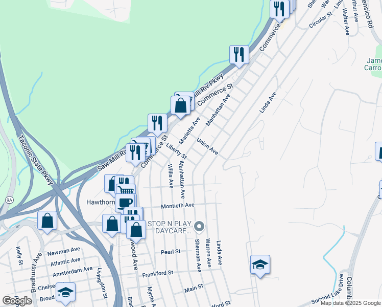map of restaurants, bars, coffee shops, grocery stores, and more near 501 Manhattan Avenue in Hawthorne