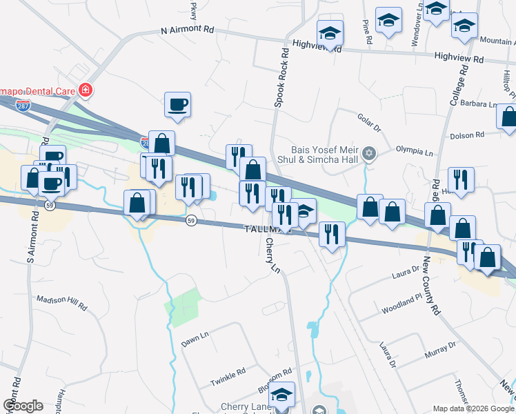 map of restaurants, bars, coffee shops, grocery stores, and more near 2 Tallman Place in Suffern
