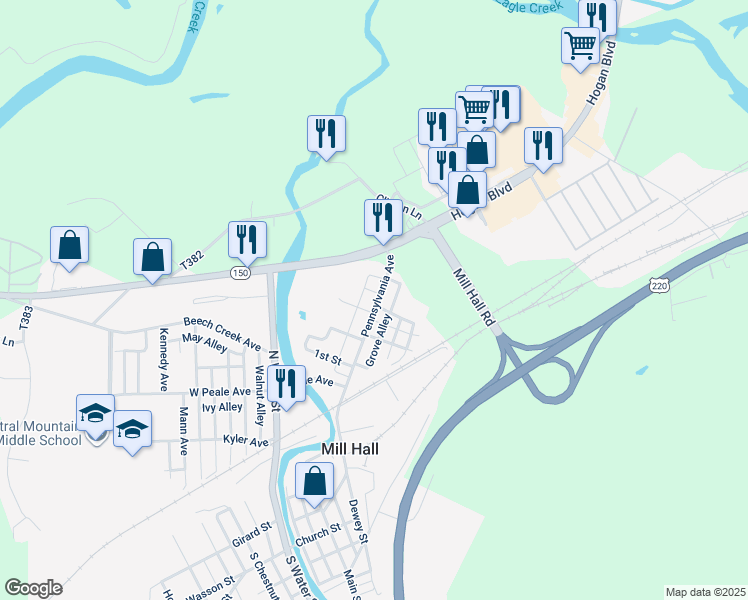 map of restaurants, bars, coffee shops, grocery stores, and more near 217 Pennsylvania Avenue in Mill Hall